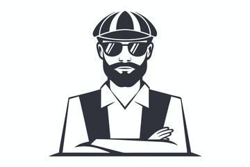 Monochrome shows a bearded man wearing a cap and sunglasses with arms crossed