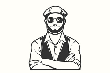 Monochrome man with mustache and beard poses confidently wearing cap and sunglasses