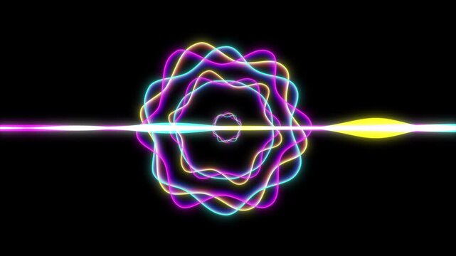 Vibrant multicolored sound waves pulse and react to rhythmic music as circular neon patterns oscillate and accelerate toward the viewer in a seamless audiovisual equalizer loop on black