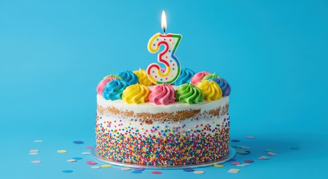 Cheerful "3" numeral candle lit on vibrant funfetti birthday cake with rainbow sprinkles and colorful frosting swirls, isolated on bright solid blue background, festive celebration