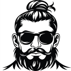 Monochrome portrait shows a man wearing sunglasses with stylish topknot and full beard
