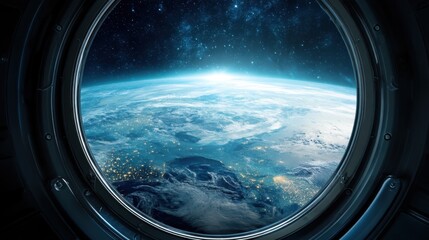 Fototapeta premium Planet earth with city light illuminated at night observed from high orbit in spaceship window. Space travel and exploration concept for science project.