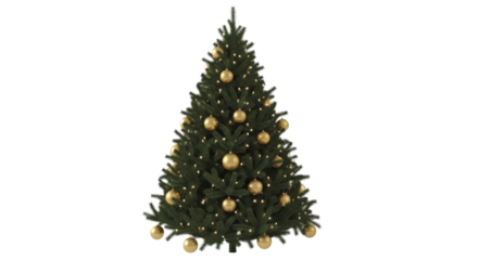 Decorated Christmas tree with golden ornaments and lights on a transparent background PNG image PNG file