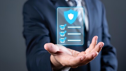 Corporate businessman reviewing legal document checklist, compliance procedure and governance policy control, contract evaluation, quality assurance, regulation strategy and business process