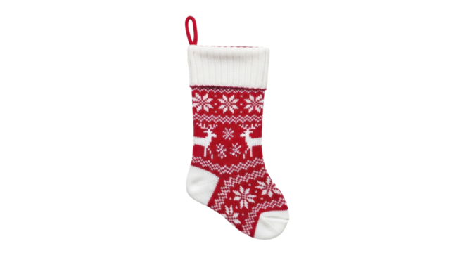 Red and white knitted Christmas stocking with Fair Isle reindeer and snowflake pattern on a transparent background, PNG image, PNG file