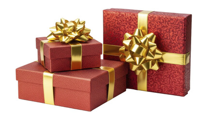 Fototapeta premium Three red and gold Christmas gift boxes with bows on a transparent background PNG image PNG file