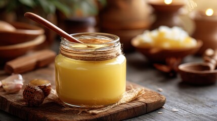 Ghee in glass jar with wooden spoon on tabletop. Traditional clarified butter for cooking and ayurvedic health benefits.