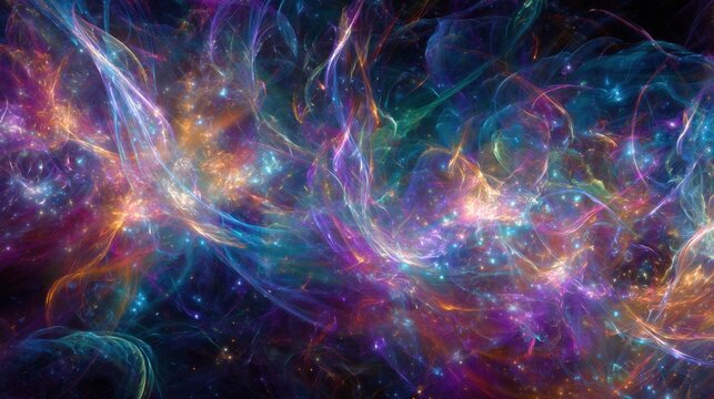 Vibrant cosmic scenery displays swirling nebulas and sparkling stars in a deep space setting. The mix of colors creates a mesmerizing atmosphere of the universe's beauty.