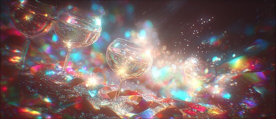Champagne glasses glowing with hyper-realistic refractions and vibrant bokeh particles, symbolizing luxury celebration and festive sparkle, abstract 3D render