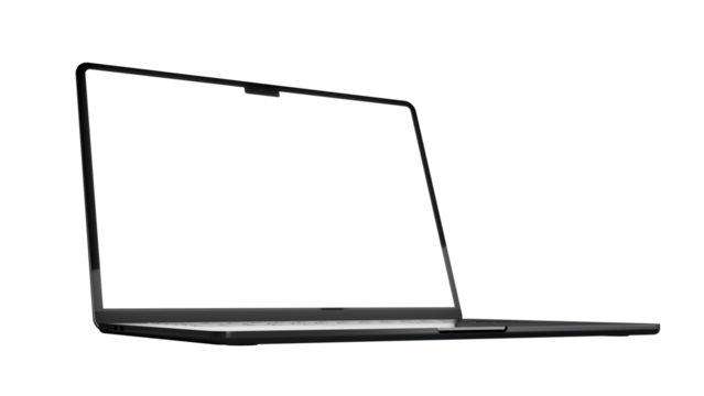 Realistic Apple MacBook Air Space Gray 15" lower view. Isolated aluminium laptop with blank screen for place your design, ready for mockup. High resolution 8K. Transparent background.