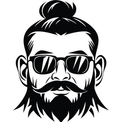 Monochrome shows a man with a top knot, beard, and retro sunglasses