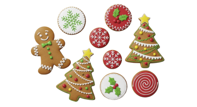 Assortment of decorated gingerbread Christmas cookies including a gingerbread man, Christmas trees, snowflakes, and holly, on a transparent background PNG image PNG file