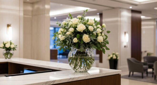 Luxurious modern office reception desk with lush bouquet of white roses and eucalyptus centerpiece, marble countertop, soft ambient lighting welcoming international guests in elegant corporate environ