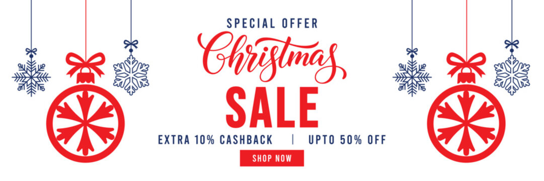 Special Offer Christmas Sale banner with elegant red script lettering, festive hanging ornaments, and snowflakes. Features 'Extra 10% Cashback' and 'Upto 50% Off' text with a red 'Shop Now' button, id - Powered by Adobe