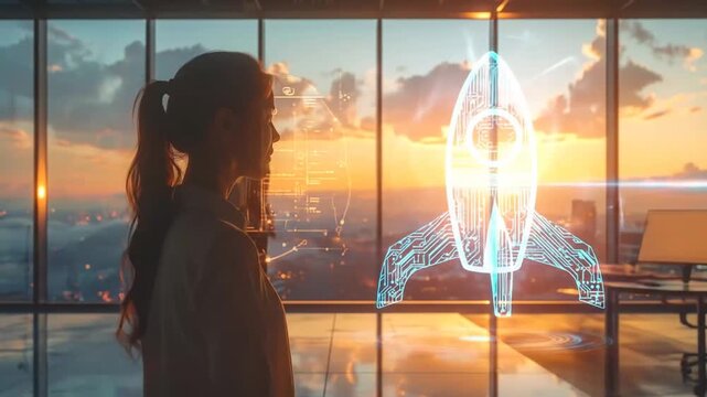 Woman Contemplates Rocket Launch, Futuristic Technology and Cityscape View