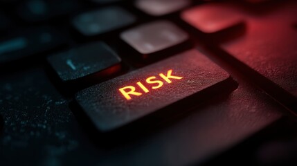 Keyboard button with glowing red word risk. Urgent warning and concept of danger, hazard, decision, threat on computer.