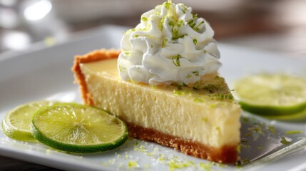 Slice of key lime pie with whipped cream and lime zest on white plate. Delicious dessert for sweet course or celebration.