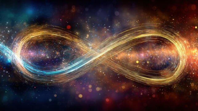 Infinity loop of glowing light trails against a cosmic background. Abstract concept of infinite possibilities, data flow, perpetual motion, and energy.