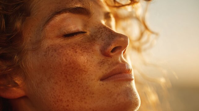 A woman enjoys the warm glow of a sunset with her eyes closed. Her curly hair frames her face highlighting her freckles as she relaxes in the moment.