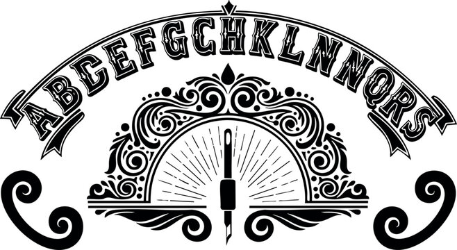 Vintage ornamental decorative alphabet letters with pen nib vector illustration black and white elegant design