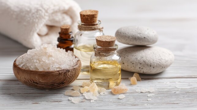 Various essential oils and spa accessories such as salt and stones are arranged on a wooden surface promoting a soothing environment for relaxation and self care activities.