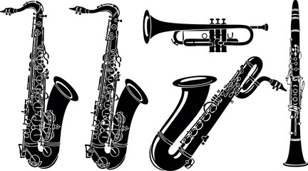 Fototapeta na wymiar Black and white saxophone trumpet clarinet vector illustration musical instruments set
