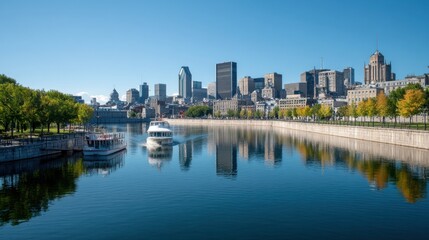 Fototapeta premium Cityscape with a river and a boat. Urban skyline reflected in water. Travel, tourism, and transportation concept.