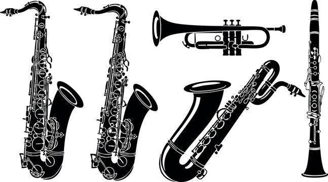 Black and white saxophone trumpet clarinet vector illustration musical instruments set