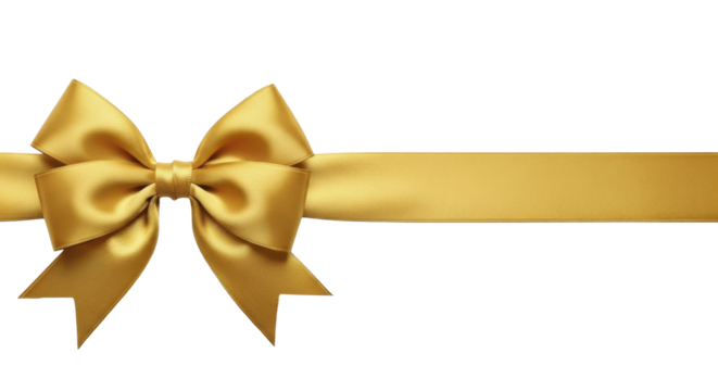 Golden satin ribbon bow and horizontal stripe on a transparent background PNG image. This elegant shiny gold gift wrap detail is a PNG file perfect for festive holiday designs and luxury celebrations.
