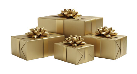 Group of luxurious gold Christmas gift boxes with bows on a transparent background PNG image PNG file