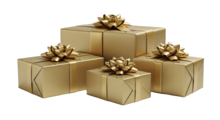 Group of luxurious gold Christmas gift boxes with bows on a transparent background PNG image PNG file