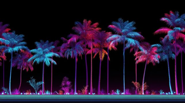 Neon tropical palm tree in vaporwave art style. Summer retro future synthwave design for poster, banner, and album cover. - Powered by Adobe