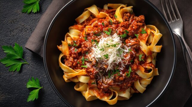 Delicious tagliatelle bolognese with parmesan cheese and fresh parsley in black bowl. Italian cuisine. Restaurant menu. Food photography.