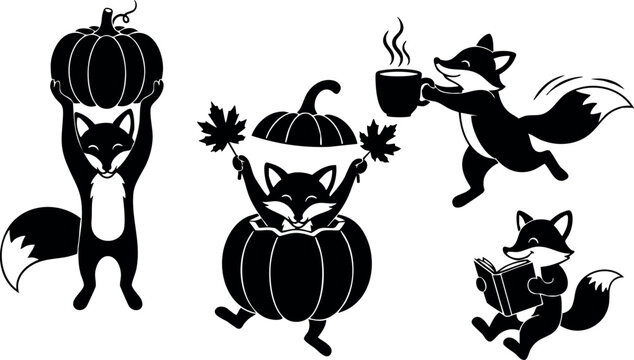 Cute foxes with pumpkin autumn characters holding coffee and reading book vector illustration