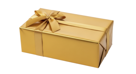 Gold Christmas gift box with ribbon bow on a transparent background PNG image