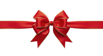 Red Christmas gift bow with gold trim on a transparent background, PNG image, PNG file for holiday celebration