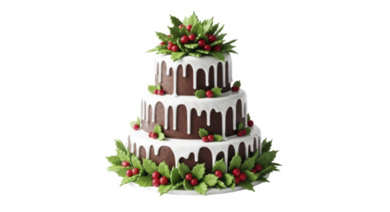 Three Tiered Christmas Cake with Holly Berries and White Icing Drips on a transparent background PNG image PNG file