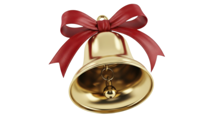 Golden Christmas bell with a vibrant red ribbon bow ready for festive decorations on a transparent background PNG image PNG file