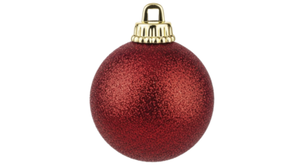 Single festive red glitter Christmas ball decoration on a transparent background PNG file