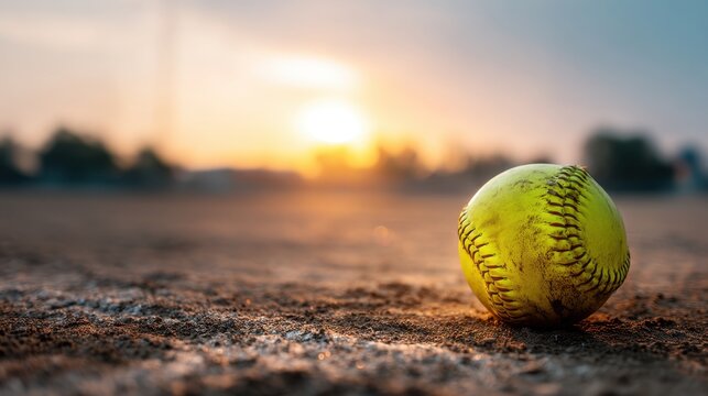 Yellow softball on dusty field with sunset in background. Concept of sports competition, outdoor activity, and training equipment for team game.