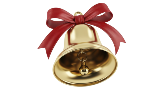 Golden Christmas bell with a vibrant red ribbon bow ready for festive decorations on a transparent background PNG image PNG file