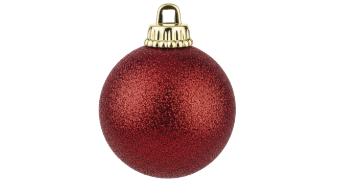 Single festive red glitter Christmas ball decoration on a transparent background PNG file