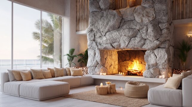 Cozy contemporary living room with stone fireplace, ocean view, and palm tree. Interior design for a relaxing tropical home.