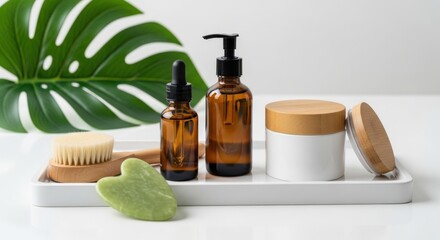 Premium natural skincare products including glass serum bottles, white cream jar, facial brush, jade gua sha tool elegantly displayed on white tray with large tropical monstera leaf, organic spa welln