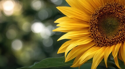 Naklejka premium Close up of a bright yellow sunflower with lush green foliage and sunlit bokeh in the background presenting concepts of nature, growth and happy summer