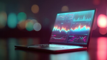 Open laptop displaying financial data and stock market graphs. Digital trading platform for investment analysis and business growth strategy.