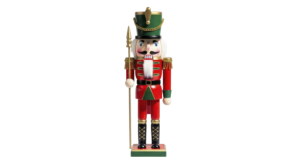  Traditional red and green nutcracker soldier toy with gold accents holding a spear on a transparent background PNG image PNG file