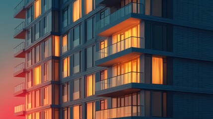 Obraz premium Modern residential building with balconies and warm illuminated windows at twilight. Urban living and apartment architecture concept for real estate.