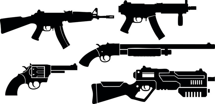 Collection of black silhouette guns vector illustration with rifles pistols and revolvers
