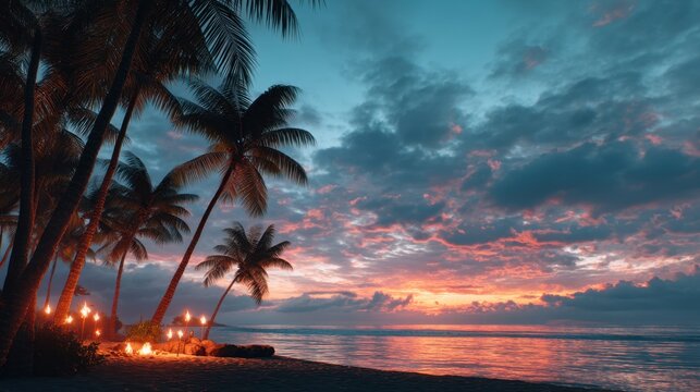 Tropical beach with palm trees and tiki torches at sunset. Beautiful ocean view with pink and orange sky. Vacation and travel concept. - Powered by Adobe